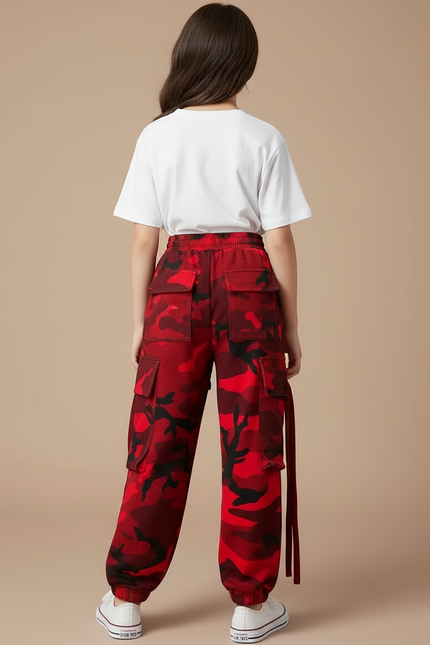 Pantalon Cargo Camouflage Rouge Ample Enfant Décontracté - Molleton - vue 2