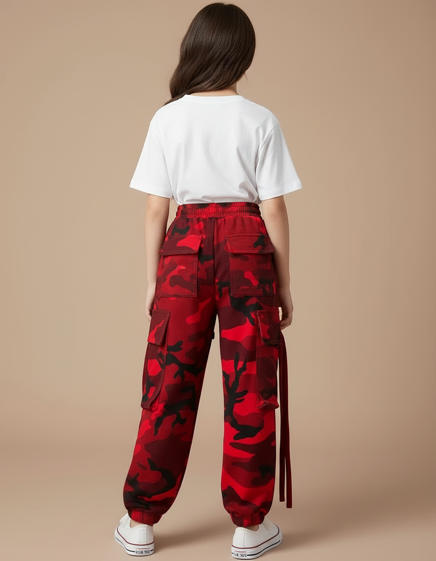 Pantalon Cargo Camouflage Rouge Ample Enfant Décontracté - Molleton - vue 2