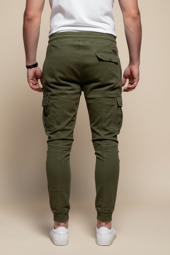 Pantalon Cargo Vert Militaire Jogger Cordon Élastique - Kaki Molleton - vue 2
