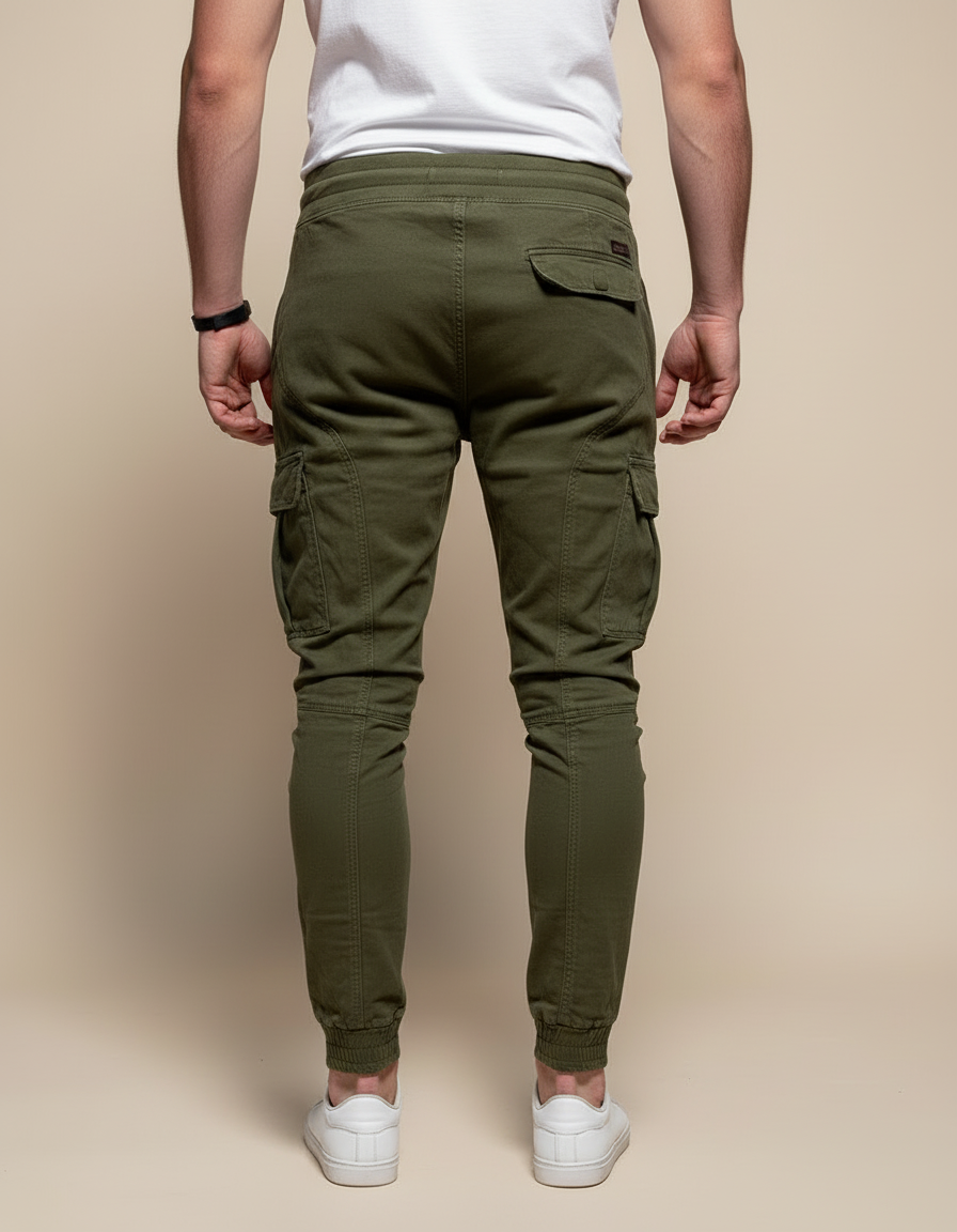 Pantalon Cargo Vert Militaire Jogger Cordon Élastique - Kaki Molleton - vue 2