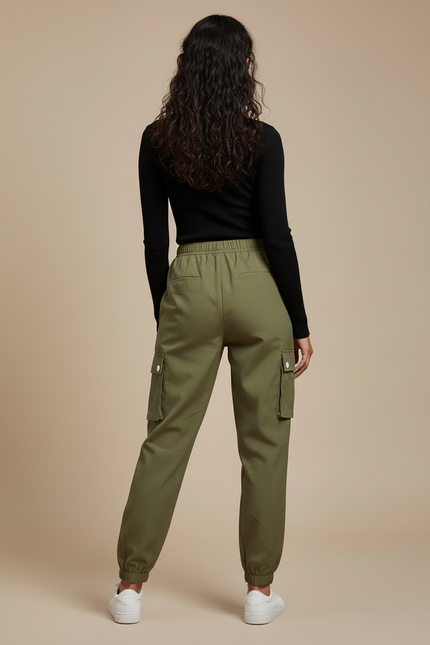 Pantalon Cargo Vert Kaki Ample Élastiqué Multipoches Femme - Toile - vue 2