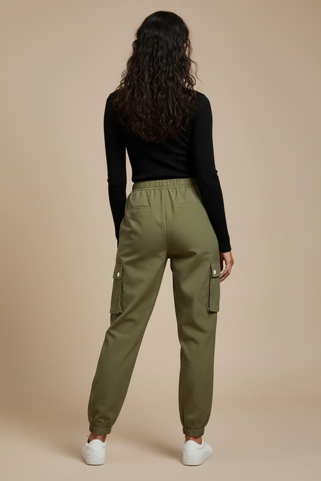 Pantalon Cargo Vert Kaki Ample Élastiqué Multipoches Femme - Toile - vue 2