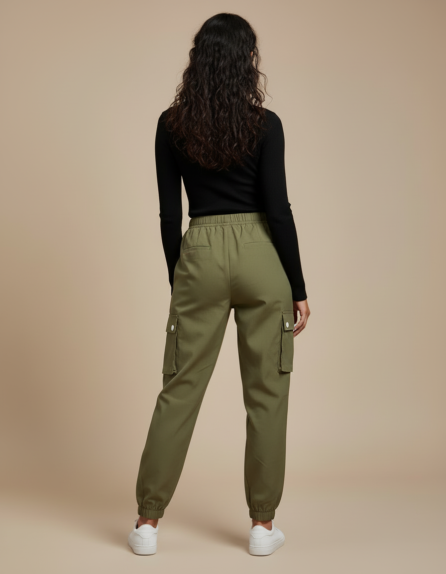 Pantalon Cargo Vert Kaki Ample Élastiqué Multipoches Femme - Toile - vue 2