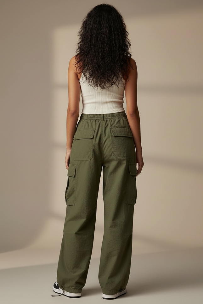 Pantalon Cargo Vert Ample Décontracté Fluide Femme - Kaki Toile - vue 2