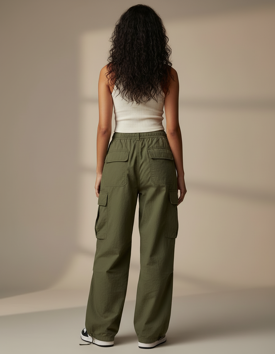 Pantalon Cargo Vert Ample Décontracté Fluide Femme - Kaki Toile - vue 2