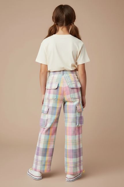 Pantalon Cargo Plaid Pastel Ample Fille Casual - Multicolore Coton - vue 2