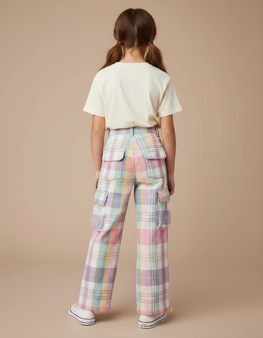 Pantalon Cargo Plaid Pastel Ample Fille Casual - Multicolore Coton - vue 2
