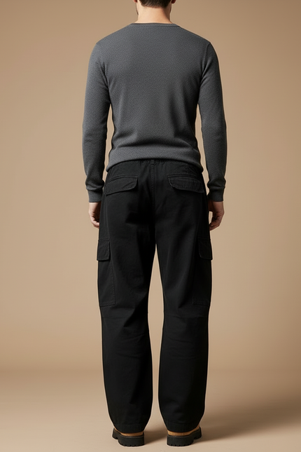 Pantalon Cargo Noir Ample Coton Multipoches Décontracté - Toile - vue 2