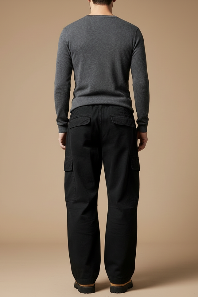 Pantalon Cargo Noir Ample Coton Multipoches Décontracté - Toile - vue 2