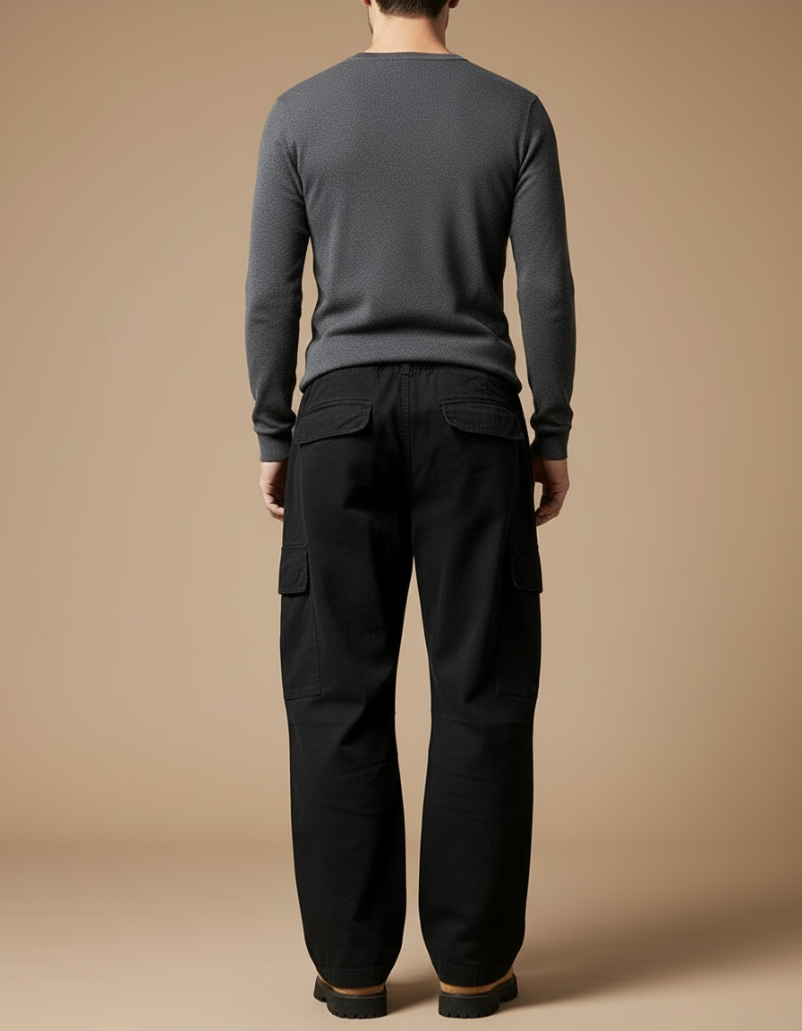 Pantalon Cargo Noir Ample Coton Multipoches Décontracté - Toile - vue 2
