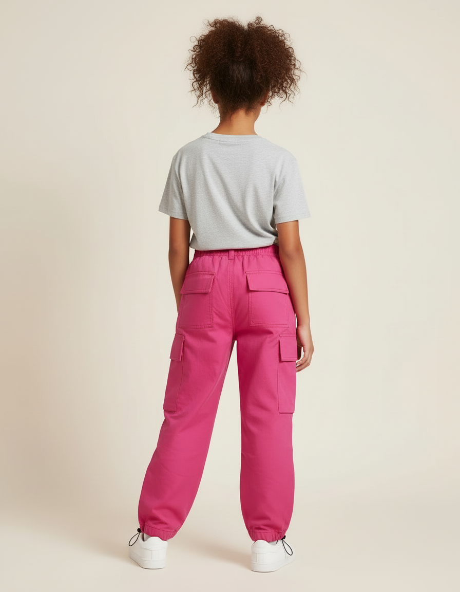 Pantalon Cargo Fuchsia Ample Enfant Multipoches Streetwear - Rose Toile - vue 2