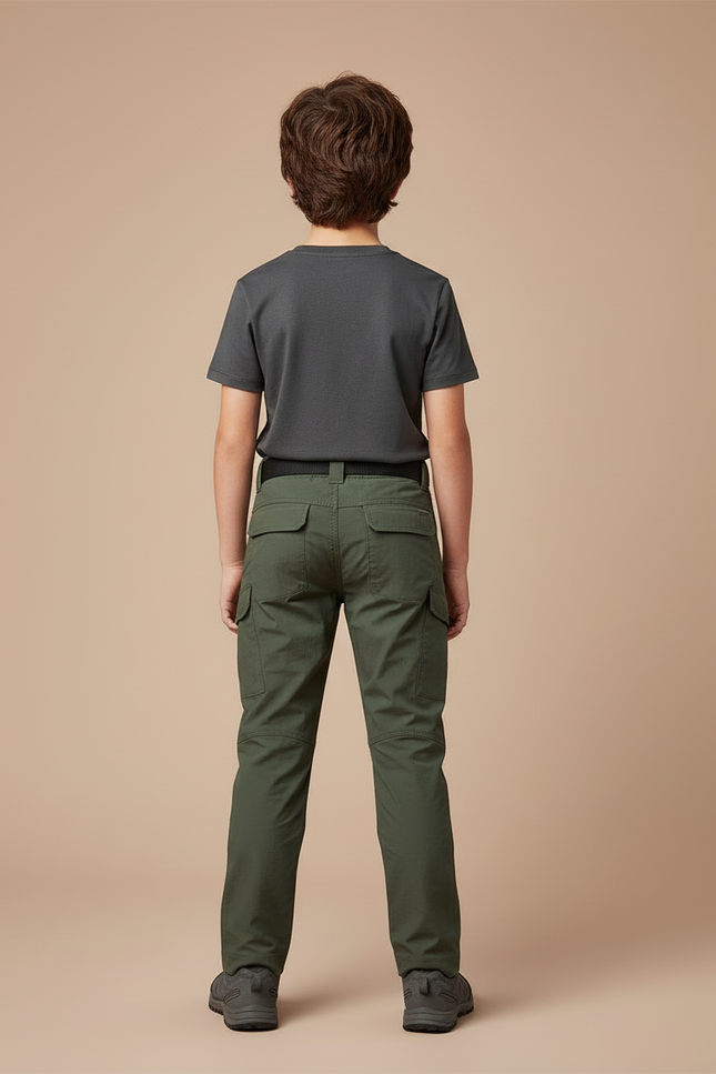 Pantalon Cargo Vert Militaire Garçon Multipoches Solide - Kaki Toile - vue 2