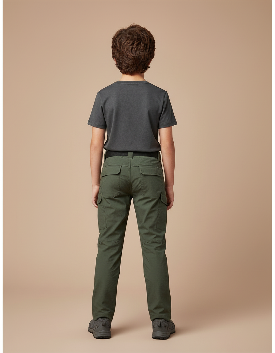 Pantalon Cargo Vert Militaire Garçon Multipoches Solide - Kaki Toile - vue 2