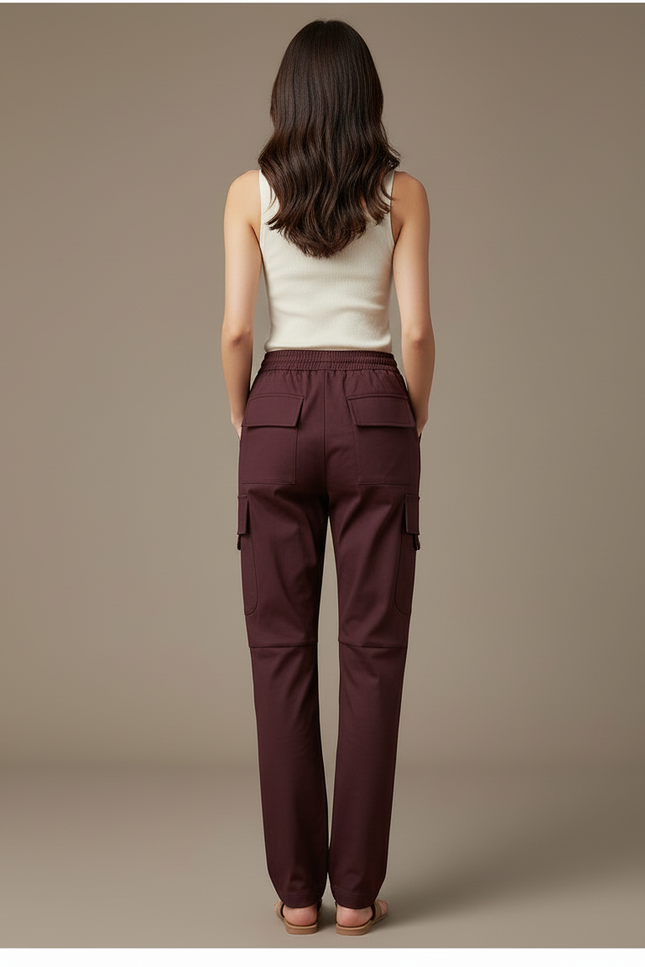 Pantalon Cargo Marron Droit Fluide Décontracté Femme - Bordeaux Gabardine - vue 2