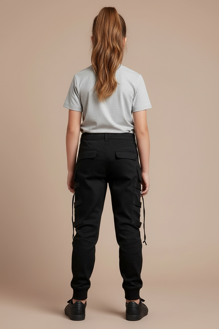 Pantalon Cargo Noir Fille Multipoches Zippées - Toile - vue 2