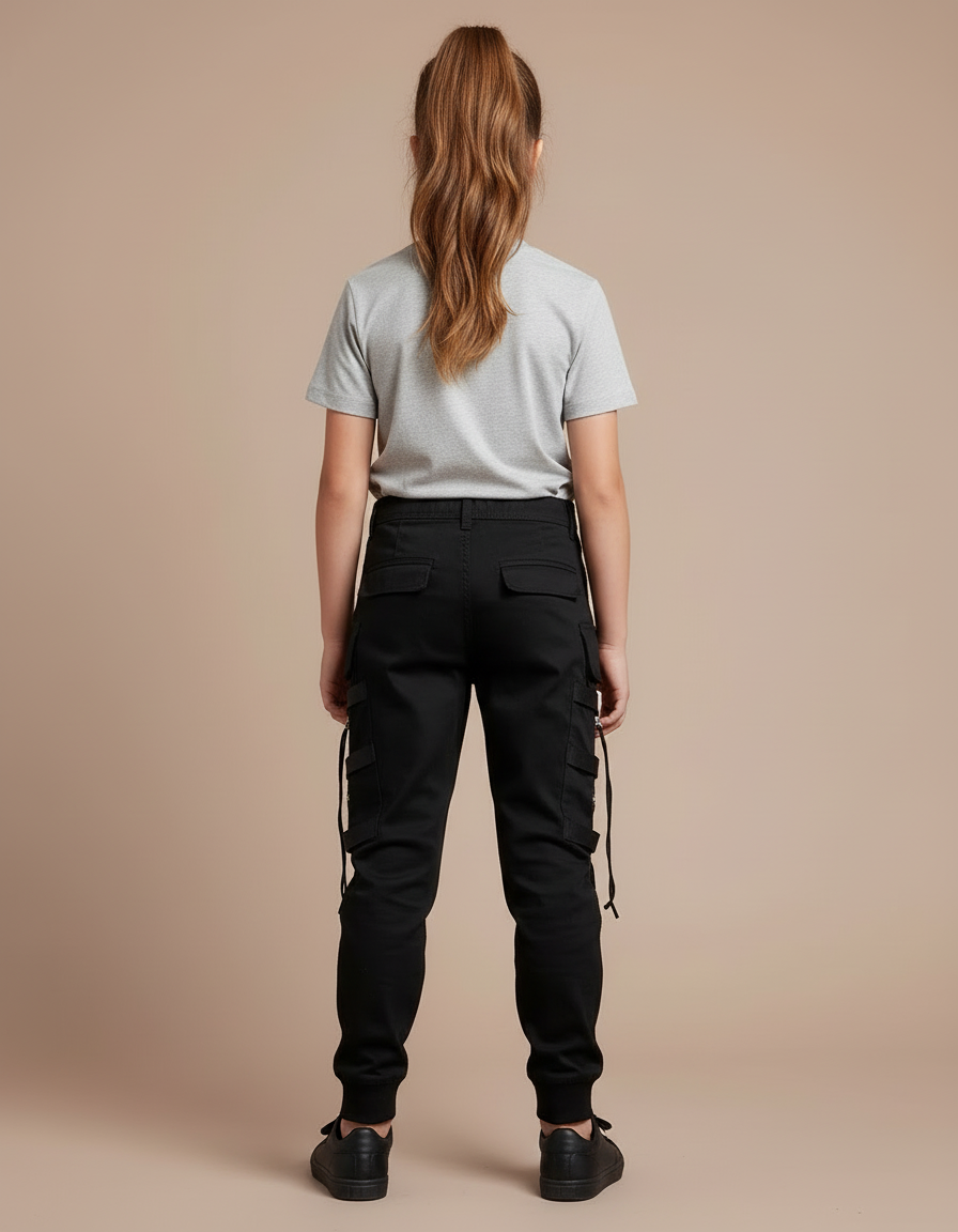 Pantalon Cargo Noir Fille Multipoches Zippées - Toile - vue 2