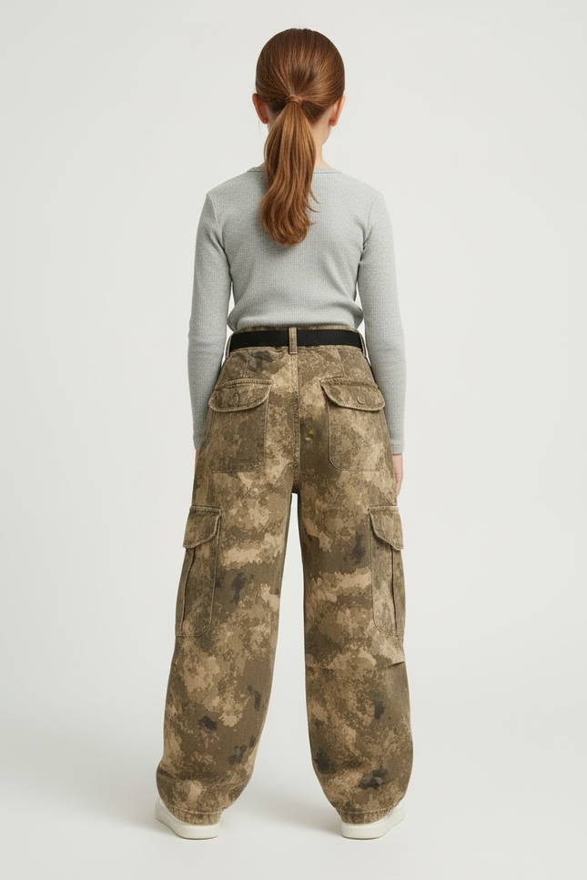 Pantalon Cargo Camouflage Ample Enfant Poches Latérales - Kaki Toile - vue 2