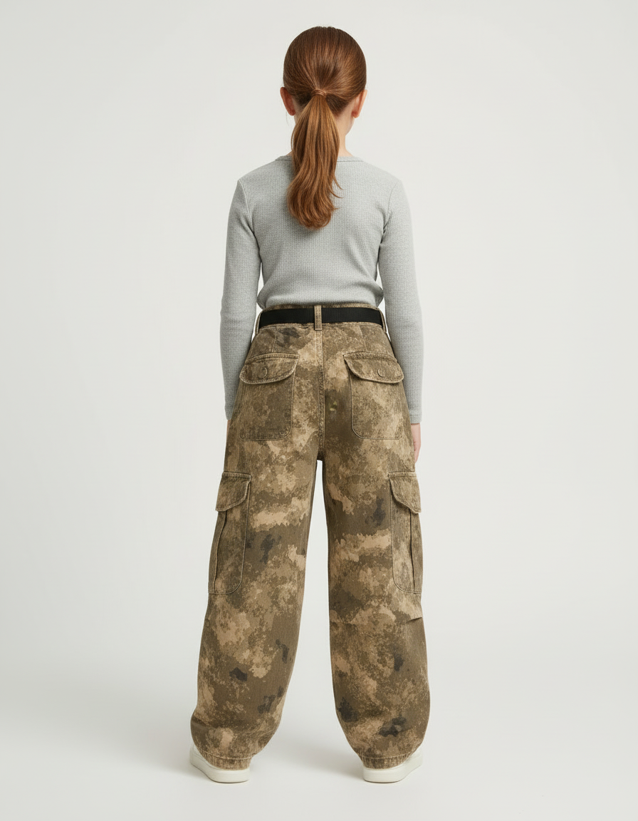 Pantalon Cargo Camouflage Ample Enfant Poches Latérales - Kaki Toile - vue 2