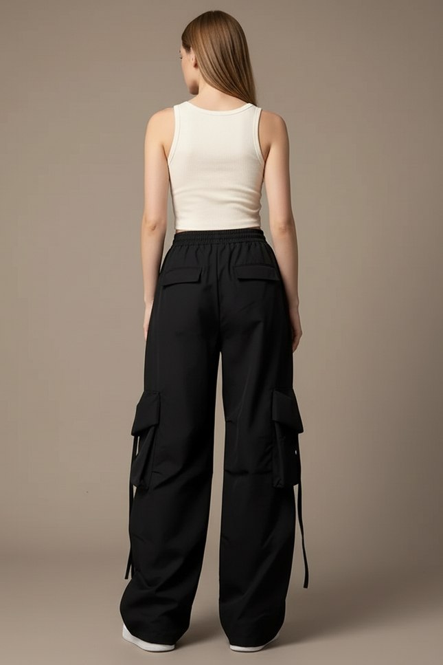 Pantalon Cargo Noir Ample Cordon Multipoches Femme - Polyester - vue 2