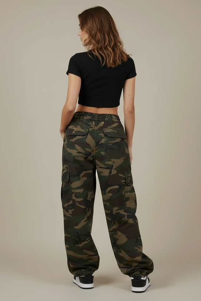 Pantalon Cargo Camouflage Ample Taille Basse Femme - Multicolore Toile - vue 2