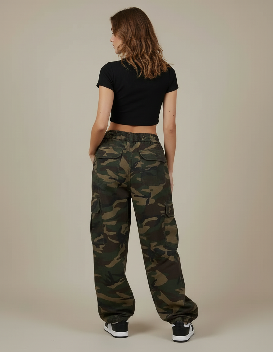 Pantalon Cargo Camouflage Ample Taille Basse Femme - Multicolore Toile - vue 2