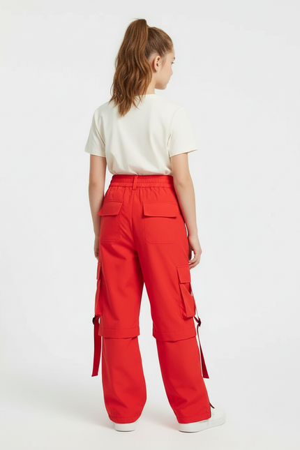 Pantalon Cargo Rouge Ample Fille Poches Sangles - Polyester - vue 2