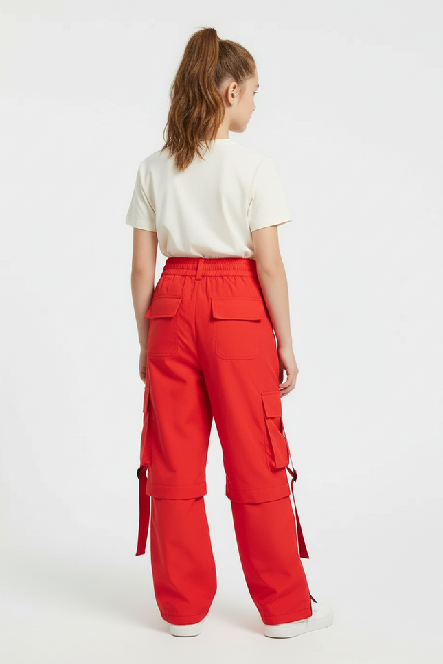 Pantalon Cargo Rouge Ample Fille Poches Sangles - Polyester - vue 2