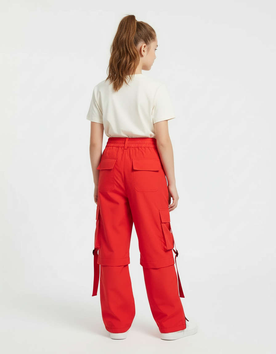 Pantalon Cargo Rouge Ample Fille Poches Sangles - Polyester - vue 2