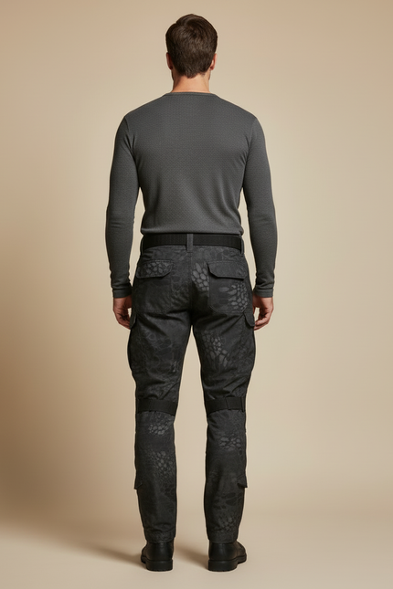 Pantalon Cargo Tactique Camouflage Noir Multipoches Genouillères - Polyester - vue 2
