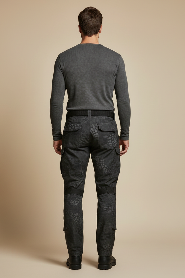 Pantalon Cargo Tactique Camouflage Noir Multipoches Genouillères - Polyester - vue 2