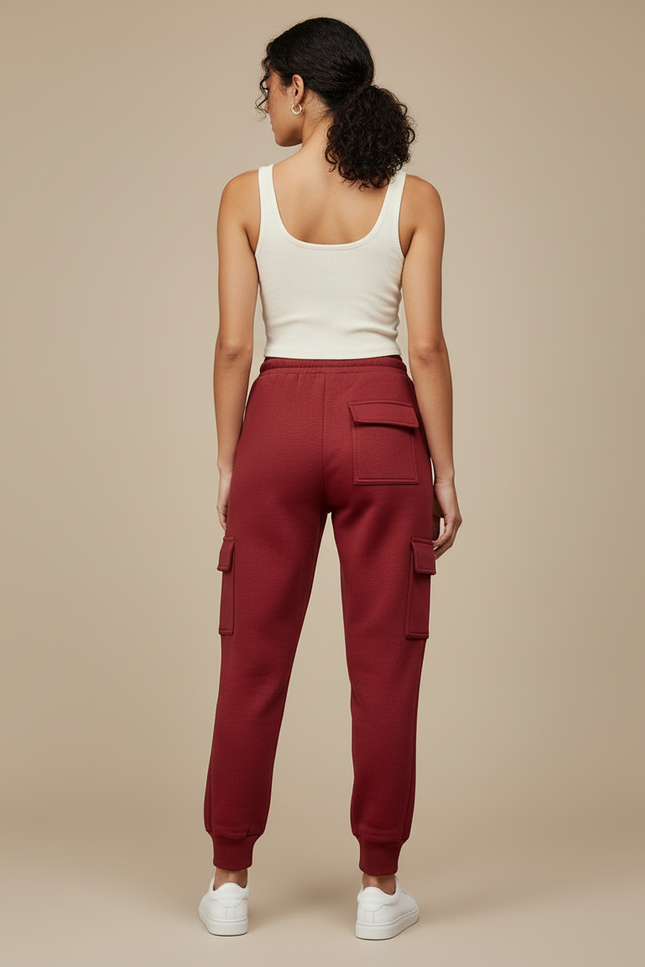 Pantalon Cargo Molletonné Rouge Cordon Poches Latérales Femme - Bordeaux - vue 2