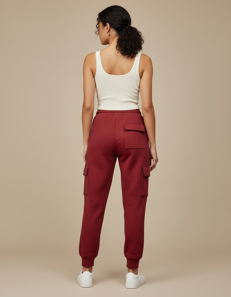 Pantalon Cargo Molletonné Rouge Cordon Poches Latérales Femme - Bordeaux - vue 2