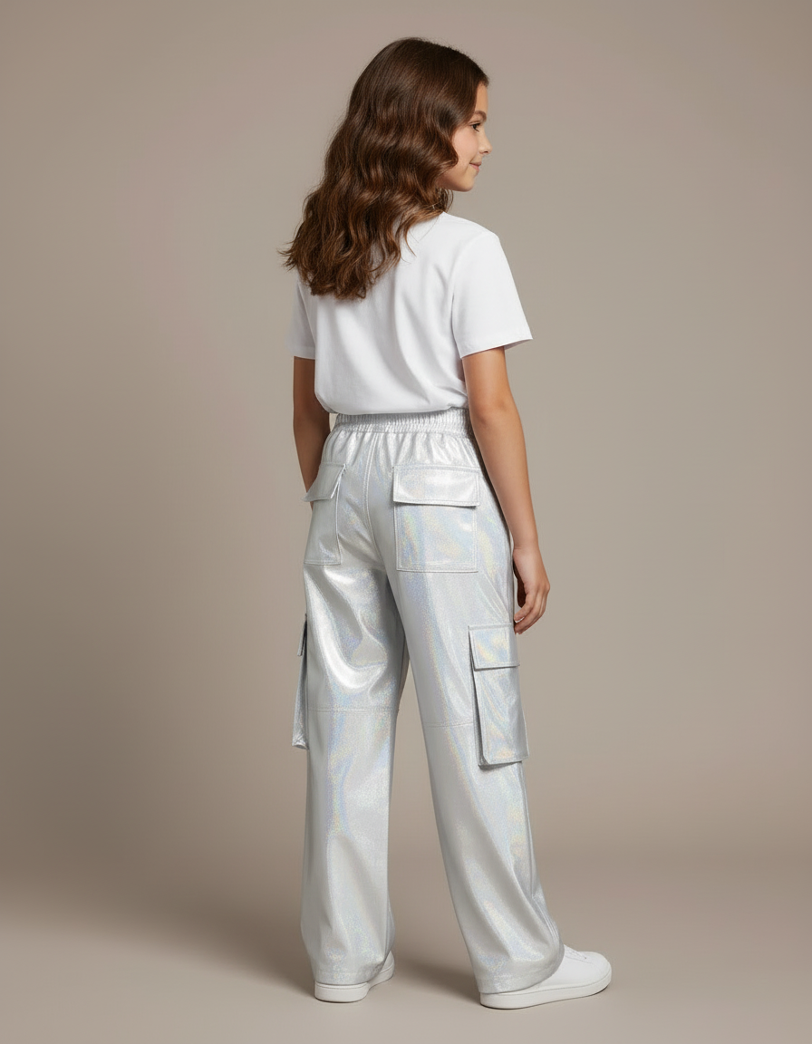 Pantalon Cargo Argenté Brillant Ample Fille - Simili cuir - vue 2