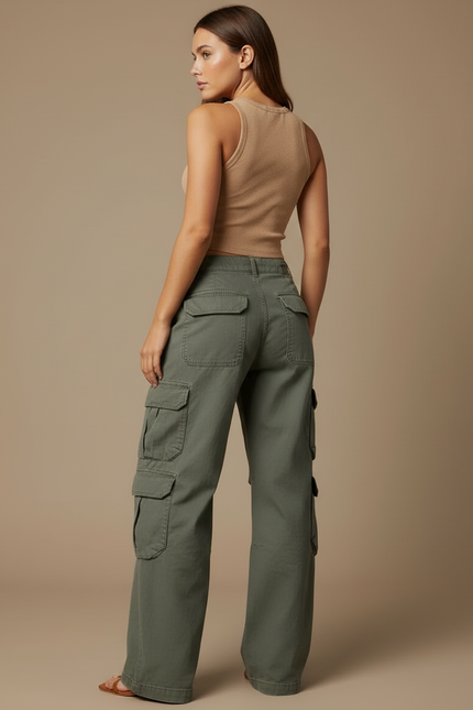 Pantalon Cargo Vert Ample Taille Basse Femme - Kaki Toile - vue 2