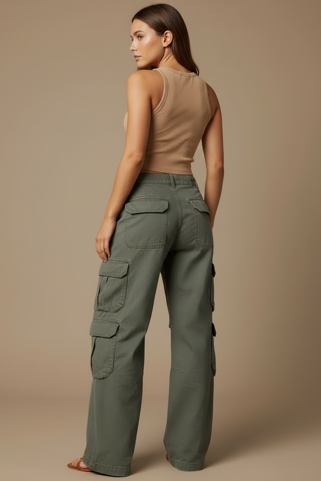 Pantalon Cargo Vert Ample Taille Basse Femme - Kaki Toile - vue 2
