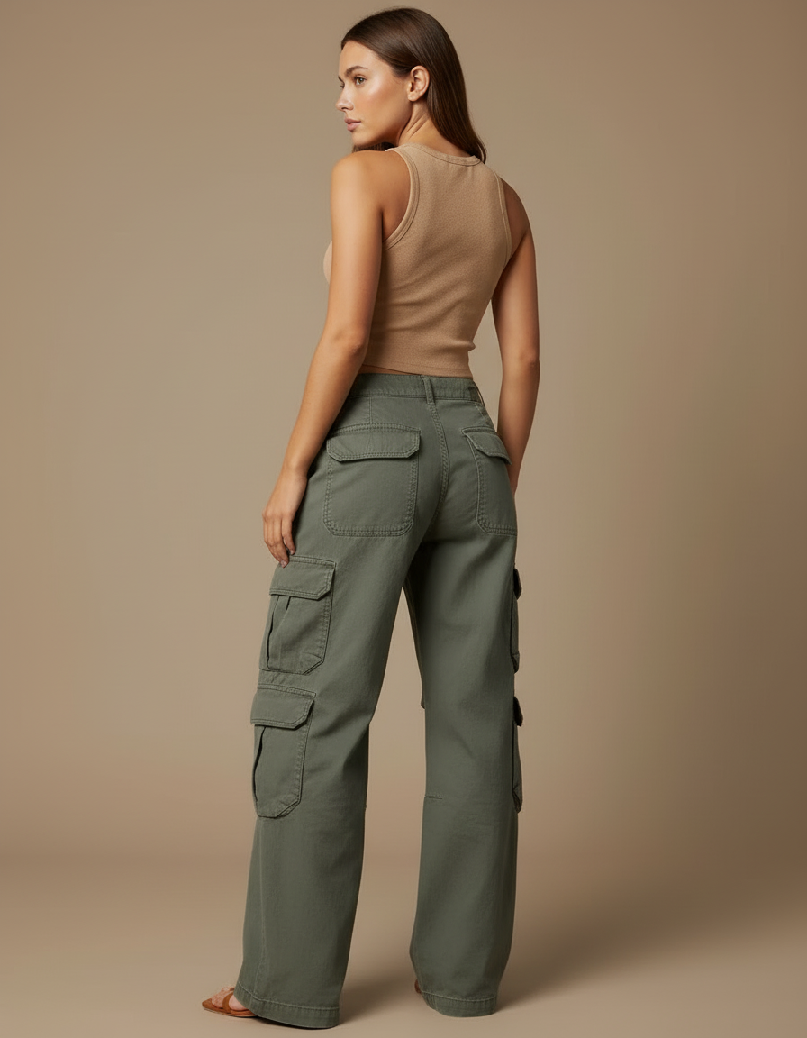 Pantalon Cargo Vert Ample Taille Basse Femme - Kaki Toile - vue 2