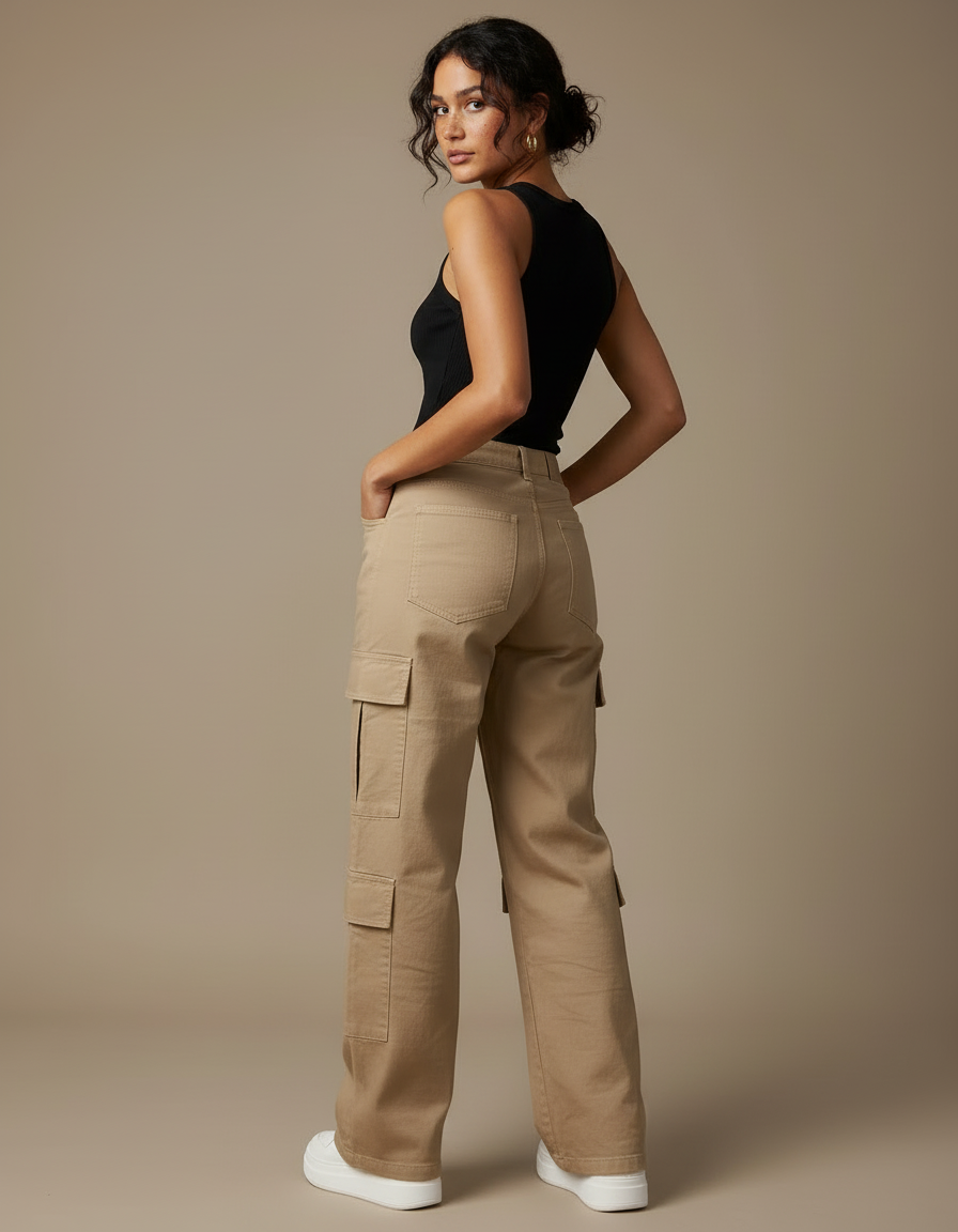 Pantalon Cargo Femme Beige Baggy - Gabardine - vue 2