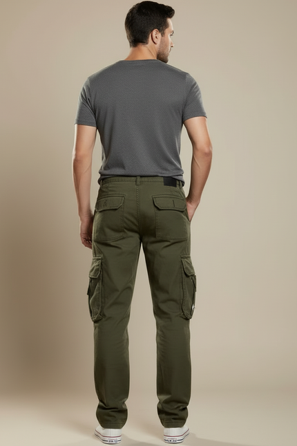 Pantalon Cargo Vert Militaire Ample Multipoches Coton Homme - Kaki - vue 2