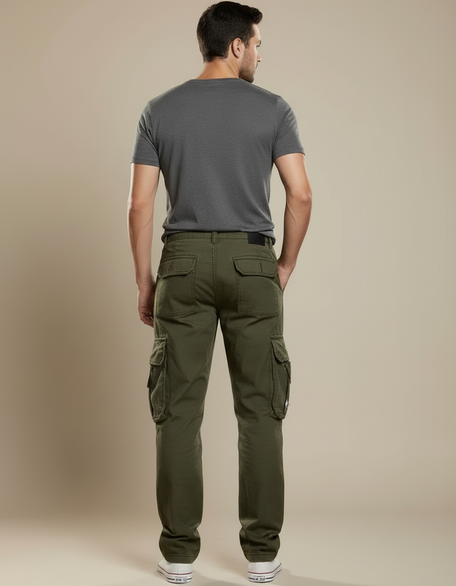 Pantalon Cargo Vert Militaire Ample Multipoches Coton Homme - Kaki - vue 2