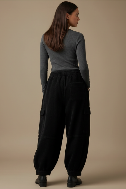 Pantalon Cargo Noir Velours Côtelé Ample Femme Harem - Cordé - vue 2
