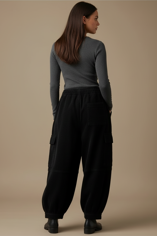 Pantalon Cargo Noir Velours Côtelé Ample Femme Harem - Cordé - vue 2