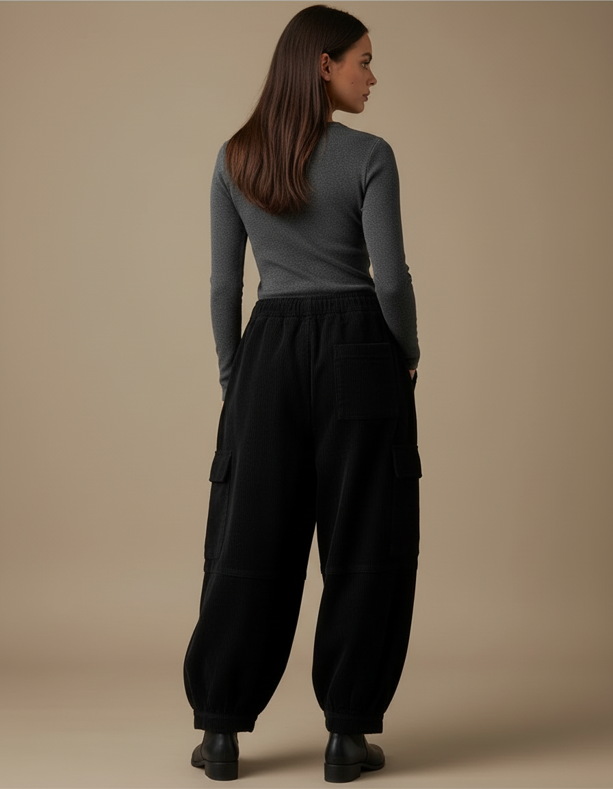 Pantalon Cargo Noir Velours Côtelé Ample Femme Harem - Cordé - vue 2