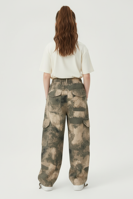 Pantalon Cargo Camouflage Ample Enfant Streetwear Multipoches - Kaki Toile - vue 2