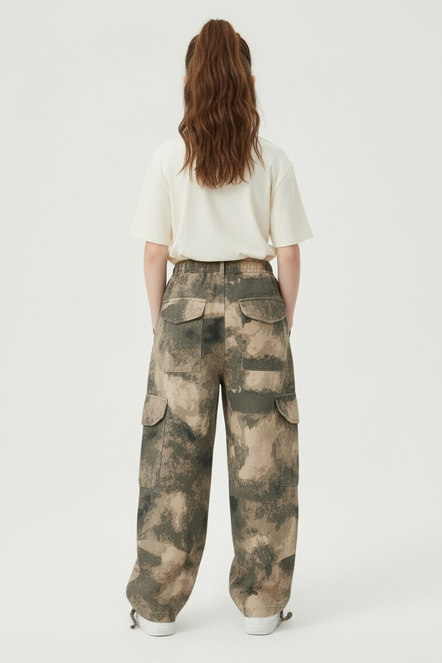 Pantalon Cargo Camouflage Ample Enfant Streetwear Multipoches - Kaki Toile - vue 2