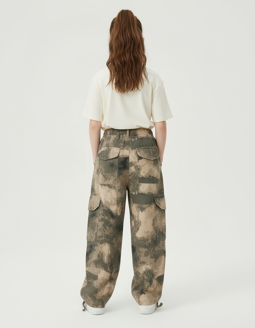 Pantalon Cargo Camouflage Ample Enfant Streetwear Multipoches - Kaki Toile - vue 2
