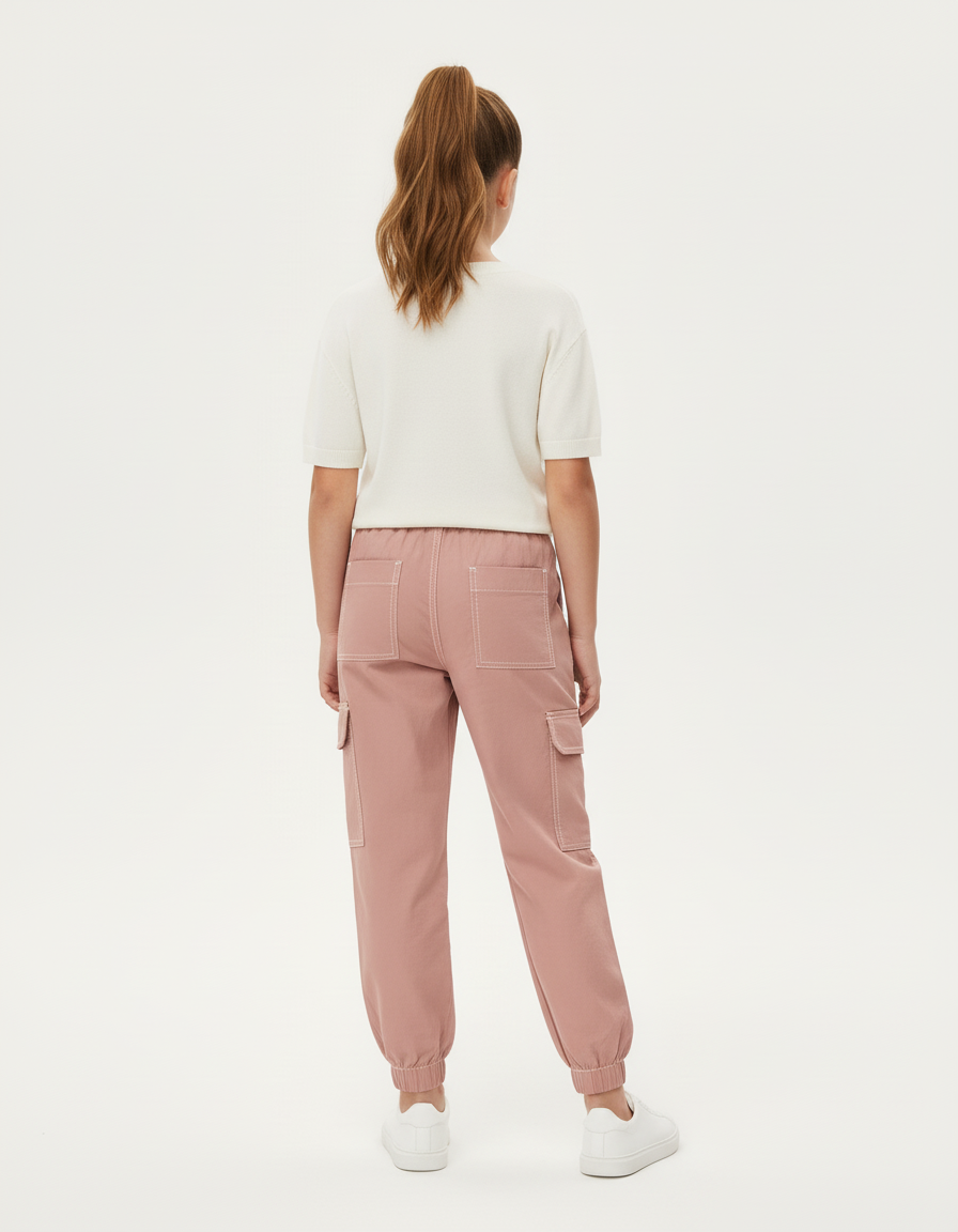 Pantalon Cargo Rose Ample Fille Décontracté Surpiqûres - Polyester - vue 2