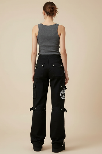 Pantalon Cargo Noir Gothique Imprimé Boucles Femme - Toile - vue 2