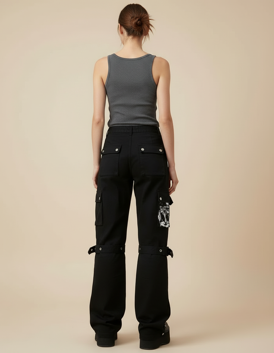 Pantalon Cargo Noir Gothique Imprimé Boucles Femme - Toile - vue 2