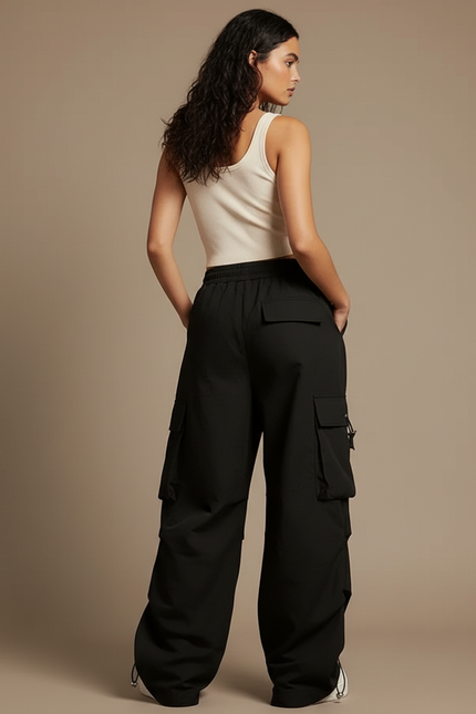 Pantalon Cargo Noir Ample Fluide Multipoches Femme - Polyester - vue 2