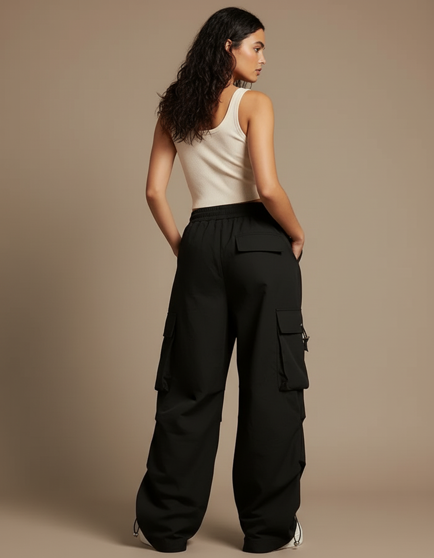 Pantalon Cargo Noir Ample Fluide Multipoches Femme - Polyester - vue 2